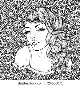 Face of pretty elegant boho girl on floral background . Beautiful wavy curly hair and pouty lips. Hand drawn amazing floral bohemia coloring book page for adult.