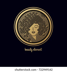 Face of pretty girl with stylish hairstyle. Woman's head in circle. Elements of design of cosmetic products logo. Print with gold foil on a black background. Vector illustration. Modern linear style.