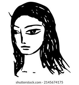 Face or a pretty woman. Head of a young girl with loose hair. Female portrait. Hand drawn linear doodle rough sketch. Black silhouette on white background.