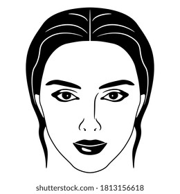Face of a pretty young woman. Female portrait. Flat cartoon style. Black and white silhouette. 