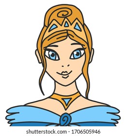 Face princess of a cute princess. The girl is blonde in the crown. Vector illustration of a young queen with blue eyes. Crown, long hair and a blue chic dress,