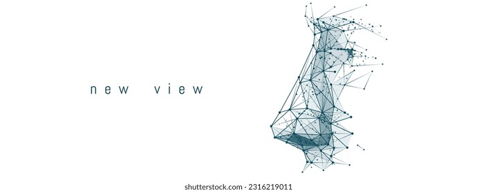 Face profile. Abstract part of human face in connected dots and lines. Conception of artificial intelligence, robot and cyborg. Side view of digital low poly nose and eye. Vector illustration