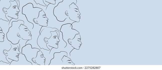 Face profile of a girl in line-art style on a blue background. Woman faces outline. Makeup artist face template. Vector illustration