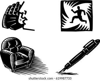 Face profile with hand calling, running man inside a square, chair, fountain pen.