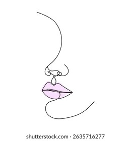 Face profile illustration. Minimalist line art. Pink lips detail. Vector portrait style.
