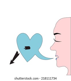 Face profile with open mouth says disappointment with heart pierced by broken arrow