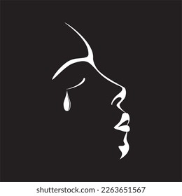 Face in profile, silhouette in black and white with tear falling. Vector illustration.