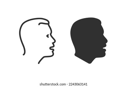 Face profile silhouette man side vector icon or thin line outline art linear human male person head shape black white clipart pictogram graphic illustration, young guy boy simple stroke portrait