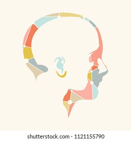 Face profile view. Elegant silhouette of a female head. Silhouette textured by lines and dots pattern