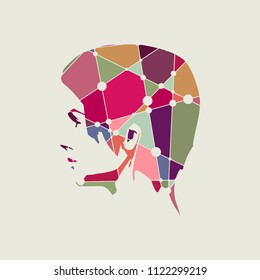Face profile view. Elegant silhouette of a female head. Silhouette textured by lines and dots pattern