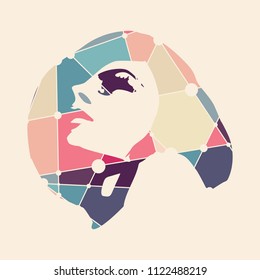 Face profile view. Elegant silhouette of a female head. Silhouette textured by lines and dots pattern
