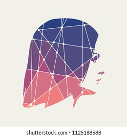 Face profile view. Elegant silhouette of a female head. Silhouette textured by lines and dots pattern