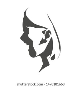 Face profile view. Elegant silhouette of a female head. Surprised beautiful woman with open mouth.