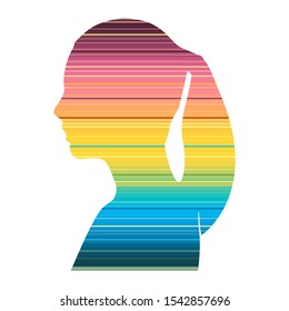 Face profile view. Elegant silhouette of a female head textured by horizontal lines. Pony tail hair.