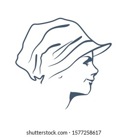 Face profile view. Elegant silhouette of a female head wearing hat. Beautiful woman portrait.