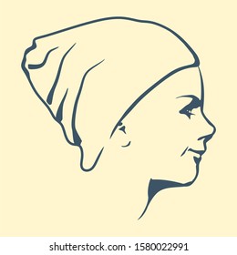 Face profile view. Elegant silhouette of a female head wearing hat. Beautiful woman portrait.