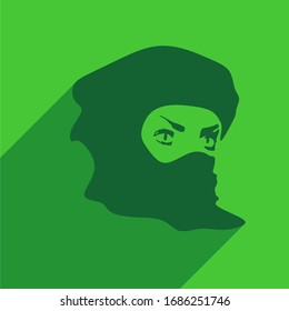 Vista de perfil de cara. Silueta elegante de una mujer musulmana con hijab. Icono web con sombra larga