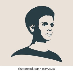 Face profile view. Elegant silhouette of a female head. Vector Illustration. Short hair. Monochrome gamma