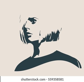 Face profile view. Elegant silhouette of a female head. Vector Illustration. Short hair. Monochrome gamma