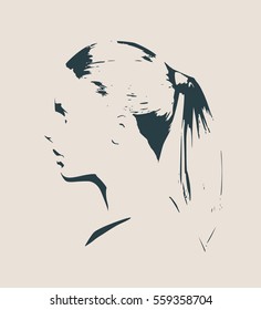Face profile view. Elegant silhouette of a female head. Vector Illustration. Bob tail hairstyle. Monochrome gamma