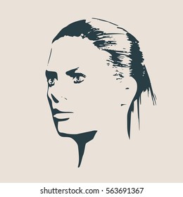 Face profile view. Elegant silhouette of a female head. Vector Illustration. Ponytail hair style. Monochrome gamma