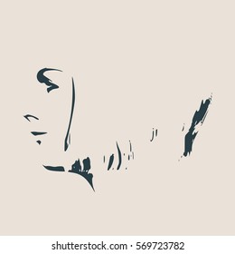 Face profile view. Elegant silhouette of a female head. Vector Illustration. Short hair. Monochrome gamma. Beautiful smiling woman