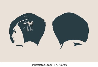 Face profile view. Elegant silhouette of a female head. Vector Illustration. Short hair. Monochrome gamma.