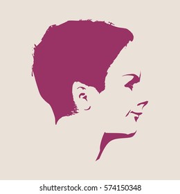 Face profile view. Elegant silhouette of a female head. Vector Illustration. Short hair. Monochrome gamma. Beautiful smiling woman