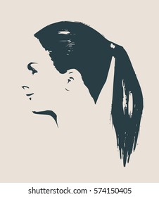 Face profile view. Elegant silhouette of a female head. Vector Illustration. Short hair. Monochrome gamma. Beautiful smiling woman
