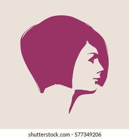 Face profile view. Elegant silhouette of a female head. Vector Illustration. Short hair. Monochrome gamma.