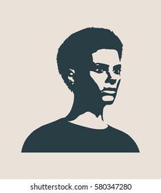 Face profile view. Elegant silhouette of a female head. Vector Illustration. Short hair. Monochrome gamma.