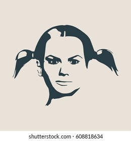 Face profile view. Elegant silhouette of a female head. Vector Illustration. Pigtails hair style. Monochrome gamma.