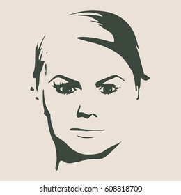 Face profile view. Elegant silhouette of a female head. Vector Illustration. Short hair. Monochrome gamma.