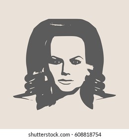 Face profile view. Elegant silhouette of a female head. Vector Illustration. Long curly hair. Monochrome gamma.