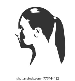 Face profile view. Elegant silhouette of a female head. Pony tail hair. Monochrome gamma.
