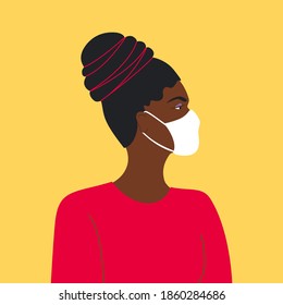 Face profile of young beautiful African black woman in medical mask. female protection against coronavirus. young female in quarantine. Vector illustration in flat style