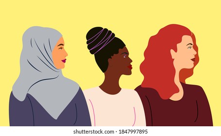 Face profiles of young beautiful women - African black, Muslim, European. Portraits of women. Image of people to create different concepts and designs