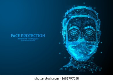 Face protected by a medical mask close-up. Coronavirus infection COVID-19, air pollution, quarantine, innovative medical technology. 3d low poly wireframe isolated vector illustration.