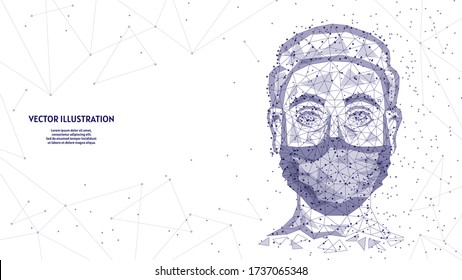 Face protected by a medical mask close-up. Coronavirus infection COVID-19, air pollution, quarantine, innovative medical technology. 3d low poly wireframe vector illustration.