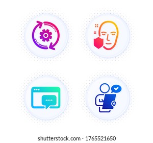 Protección facial, ajuste simple de los iconos de los mensajes CogWheel y Seo. Botón con puntos de semitono. Signo de encuesta de clientes. Acceso seguro, herramienta de ingeniería, chat de soporte. Contrato. Conjunto de ciencia. Vector