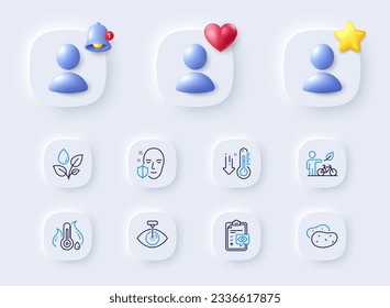 Face protection, Eye checklist and Fever temperature line icons. Placeholder with 3d bell, star, heart. Pack of Eye laser, Potato, Eco bike icon. Low thermometer, Plants watering pictogram. Vector