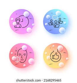 Face protection, Like hand and Working hours minimal line icons. 3d spheres or balls buttons. Teamwork icons. For web, application, printing. Secure access, Thumbs up, Project deadline. Vector