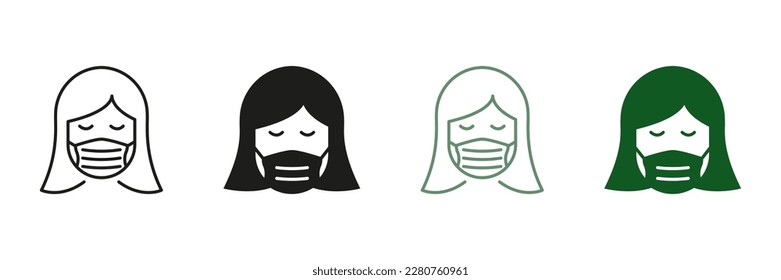 Face Protection, Mask Cover for Nose and Mouth. Woman in Medical Face Mask Line and Silhouette Icon Set. Wear Respirator Against Air Pollution Symbol Collection. Isolated Vector illustration.