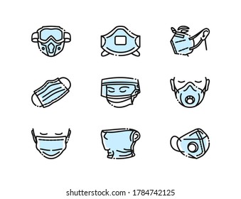 Face protection, medical masks, respirators, filters for a respirator, face in a mask, doctor mask, set icons, outline icons, covid protection, coronavirus protection, virus protection