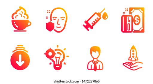 Protección facial, Desplazarse hacia abajo y iconos de línea de Businessman definidos. Coffee, jeringa médica y signos de ideas Seo. Pago, símbolos de crowdfunding. Acceso seguro, pantalla Swipe. Conjunto de negocios. Vector