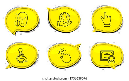 Face protection sign. Diploma certificate, save planet chat bubbles. Disabled, Touchpoint and Click hand line icons set. Handicapped wheelchair, Touch technology, Direction finger. Vector