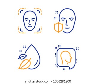 Face protection, Water drop and Face detection icons simple set. Head sign. Secure access, Serum oil, Detect person. Profile messages. Healthcare set. Linear face protection icon. Colorful design set