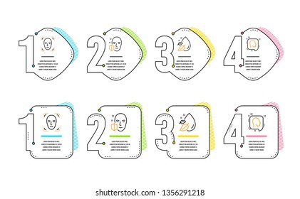 Face protection, Water drop and Face detection icons simple set. Head sign. Secure access, Serum oil, Detect person. Profile messages. Healthcare set. Infographic timeline. Line face protection icon