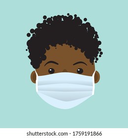 
A face with a protective facemask. The person has black hair and dark skin.
