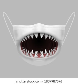 Face Protective Reusable Barrier White Mask with a Shark Open Mouth Printing. Horror Fanged Jaw Mask Illustration on Gray Background